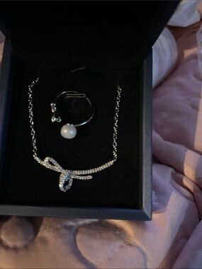 Sterling Silver Pearl & Crystal Bow Necklace and Ring Set - White adjustablering